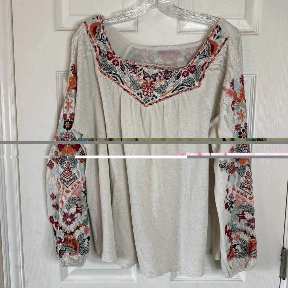 Soft Surroundings Mariella Embroidered Boho Top Size XL Blouse Floral Peasant - Picture 3 of 7